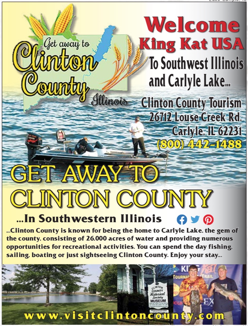 Full page ad for Clinton County Tourism and the King Kat Tournament showing 2 fishermen in a boat on Carlyle Lake